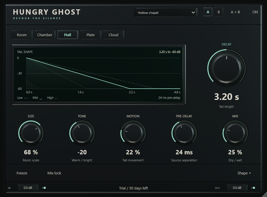Hungry Ghost Reverb's actual metal interface, room selection and decay display